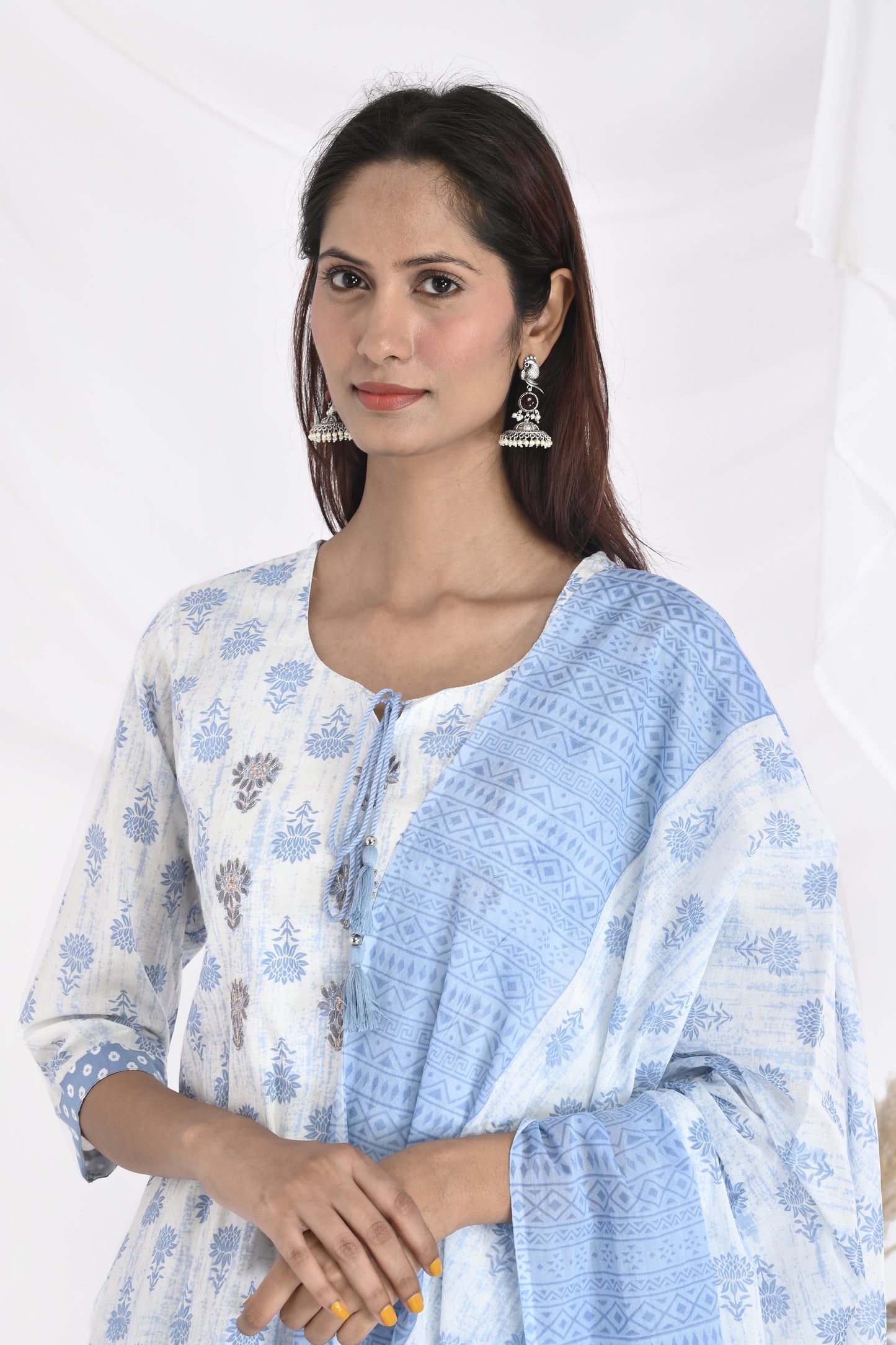 Blue lotus white kurti set - Vikin