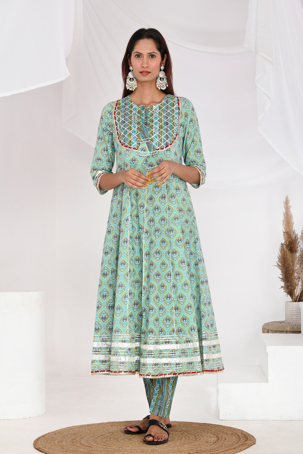 Turquoise Green Anarkali Cotton Suit Set - Aastha