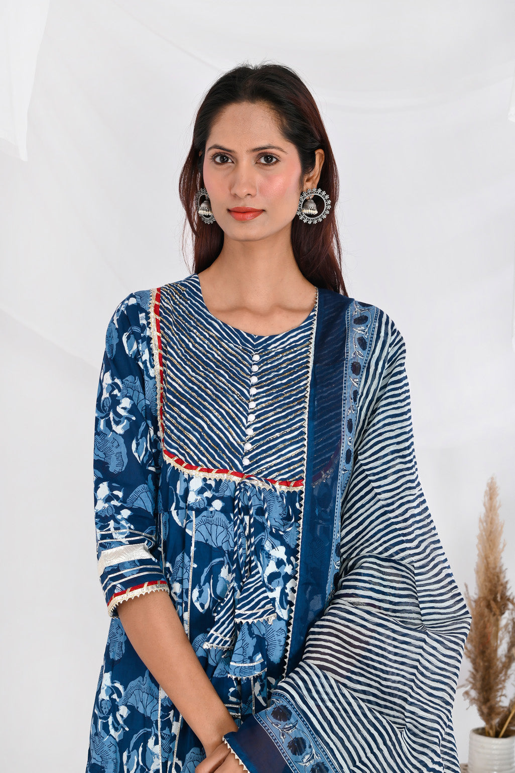 Indigo Floral Anarkali Cotton Suit Set - Aastha
