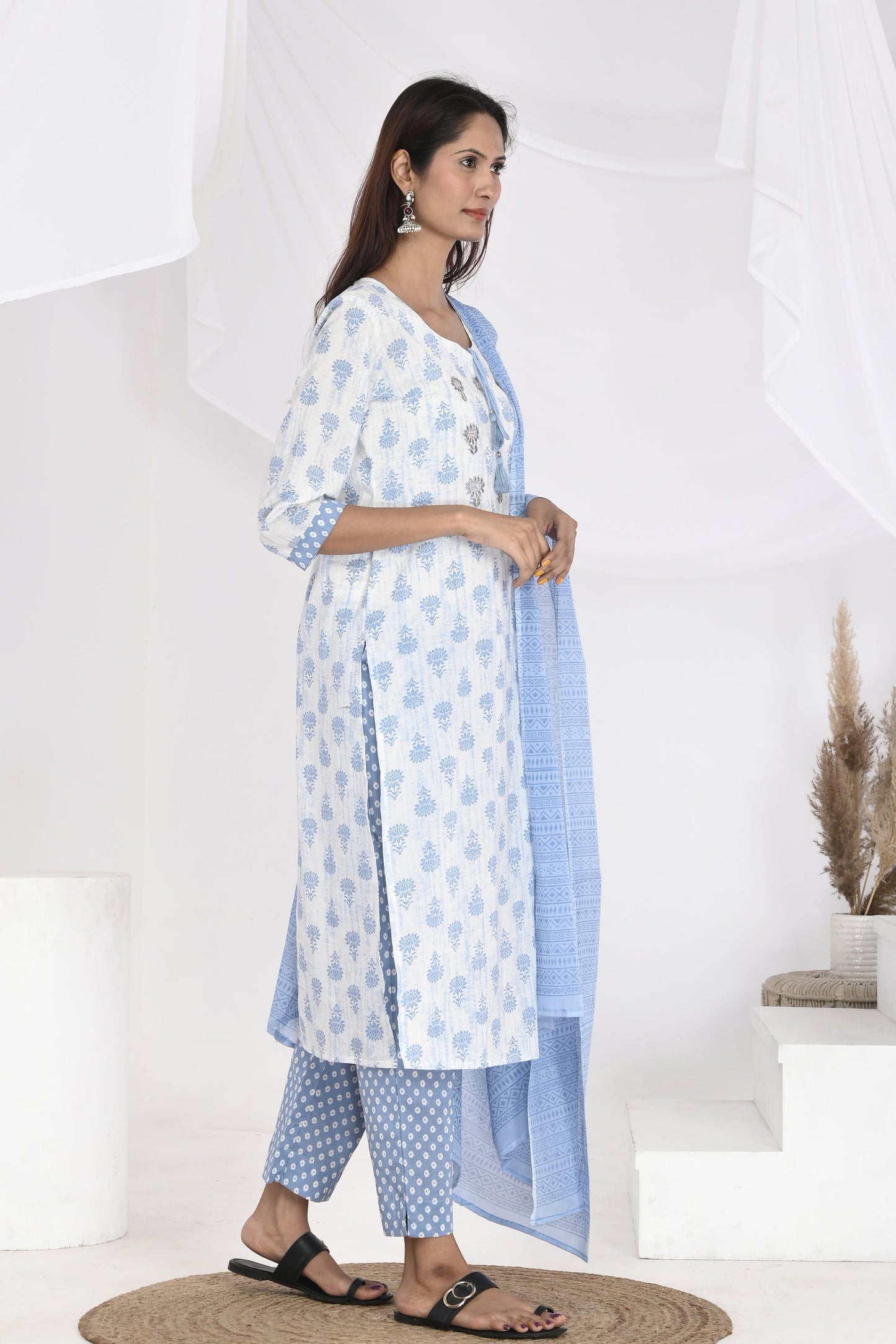 Blue lotus white kurti set - Vikin