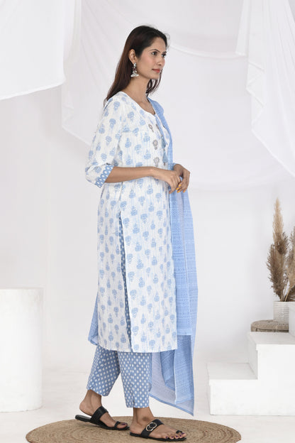 Blue lotus white kurti set - Vikin