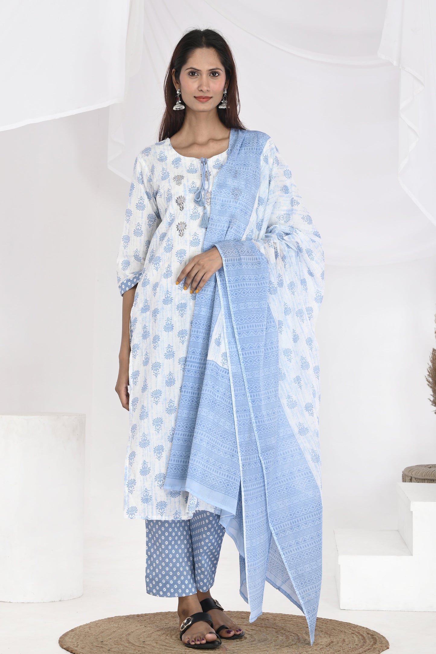 Blue lotus white kurti set - Vikin