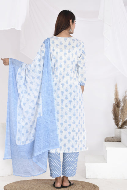 Blue lotus white kurti set - Vikin
