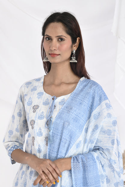 Blue lotus white kurti set - Vikin