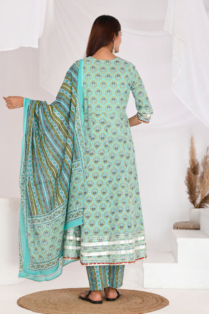 Turquoise Green Anarkali Cotton Suit Set - Aastha