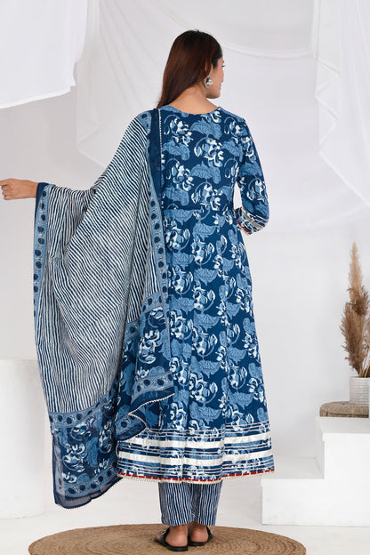 Indigo Floral Anarkali Cotton Suit Set - Aastha